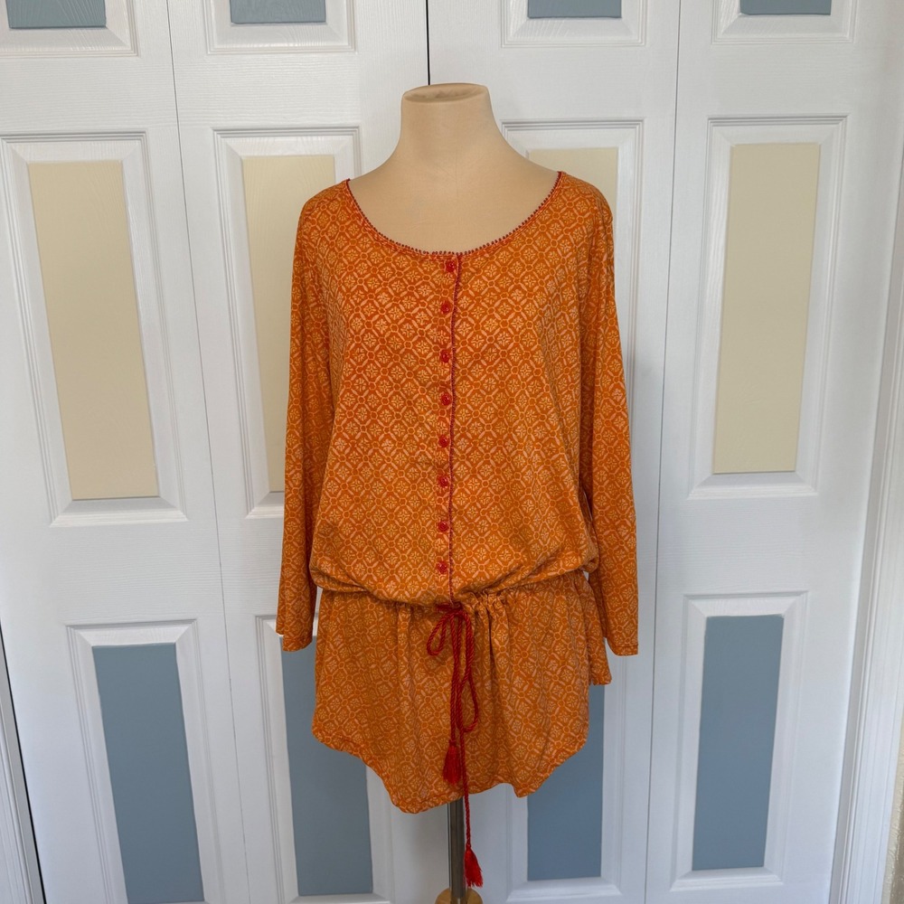 Lauren Ralph Lauren Orange Medallion Cotton Tunic Drawstring Top XL
